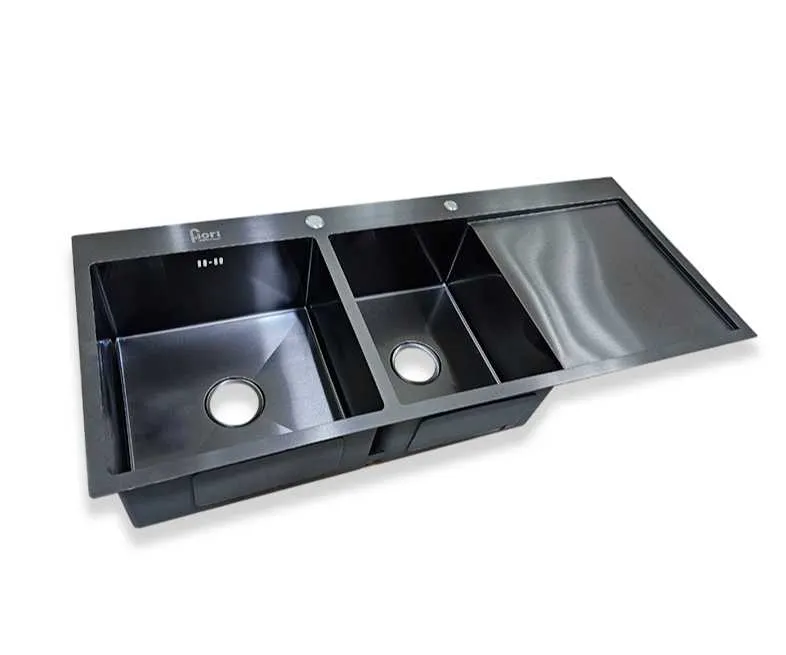 GPL0192 FIORI FREGADERO NEGRO DOBLE POZO 120X50 C/FALDA
