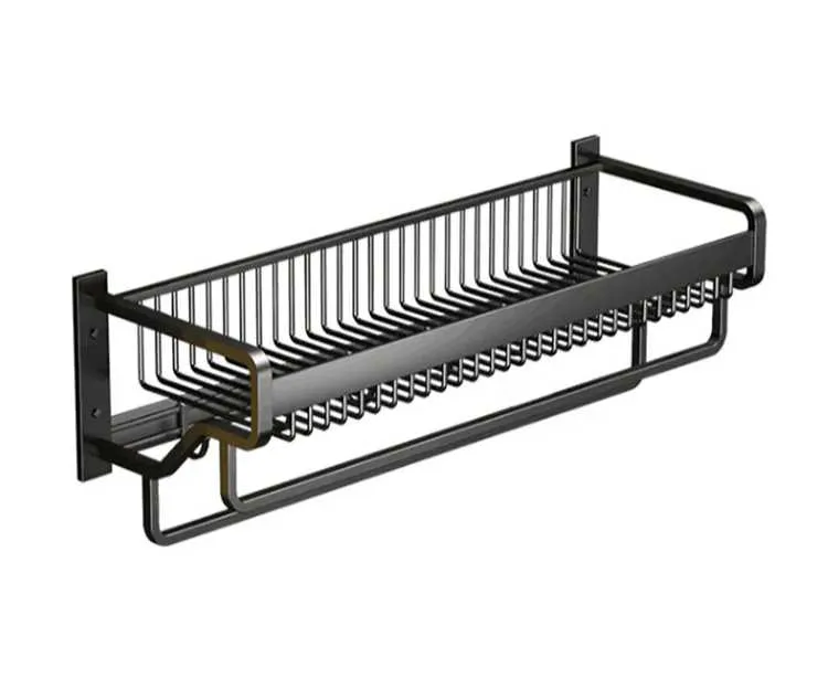GPL0440 TOALLERO METAL NEGRO AC INOX C/GANCHOS 47CM X 21CM