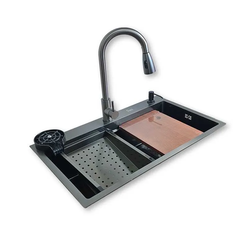 GPL0603 FIORI FREGADERO UN POZO NEGRO + GRIFERIA + ACC. INOX (75X45)