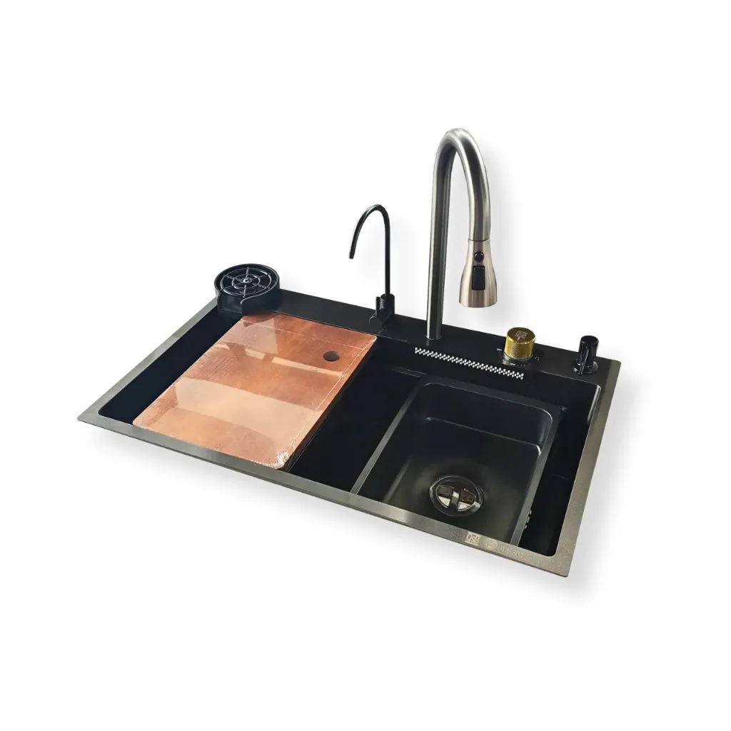 GPL0758 QSB FREGADERO CASCADA BLACK (NEGRO) + GRIFERIA + ACC. INOX (75X46) + PURIF