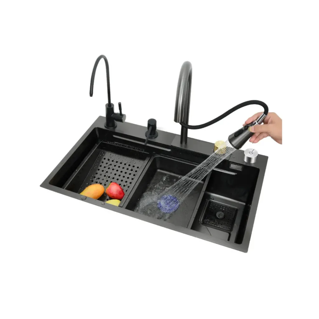 GPL0758 QSB FREGADERO MULTIFUNCION CASCADA BLACK (NEGRO) + GRIFERIA + ACC. INOX (75X46) + PURIF