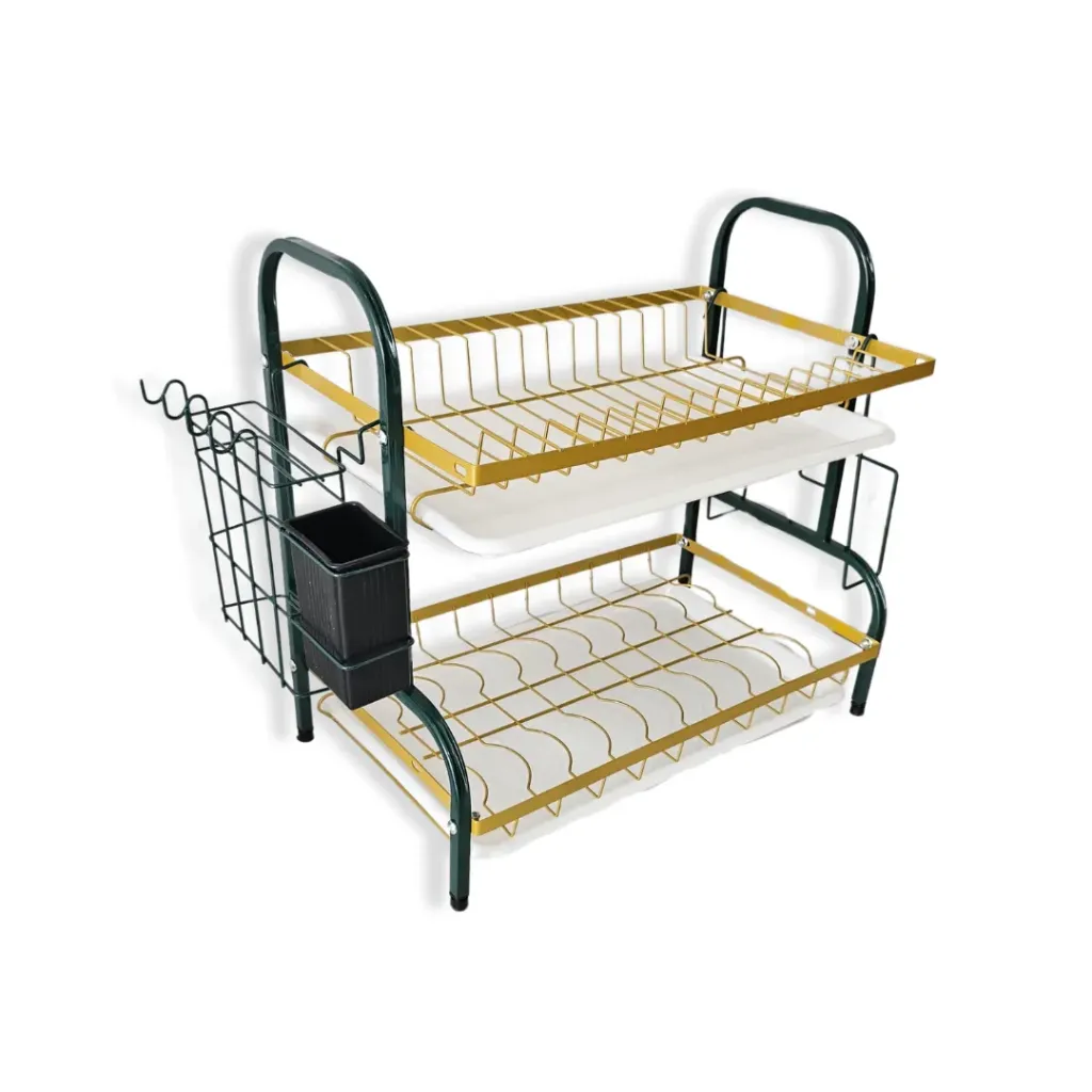 GPL0893 PLATERA ESCURRIDORA DOS NIVELES VERDE/DORADO LATERAL METALICA
