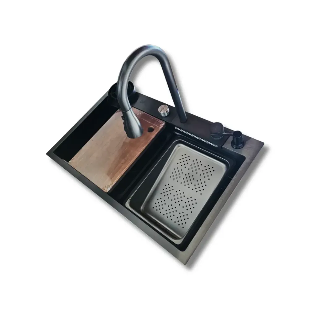 GPL0412 DIPIU VITTA FREGADERO CASCADA BLACK (NEGRO) + GRIFERIA + ACC. INOX (75X45)